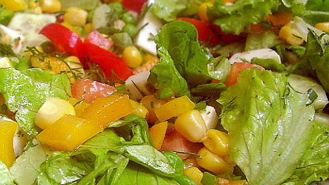 Красочный салат из овощей и сулгуни